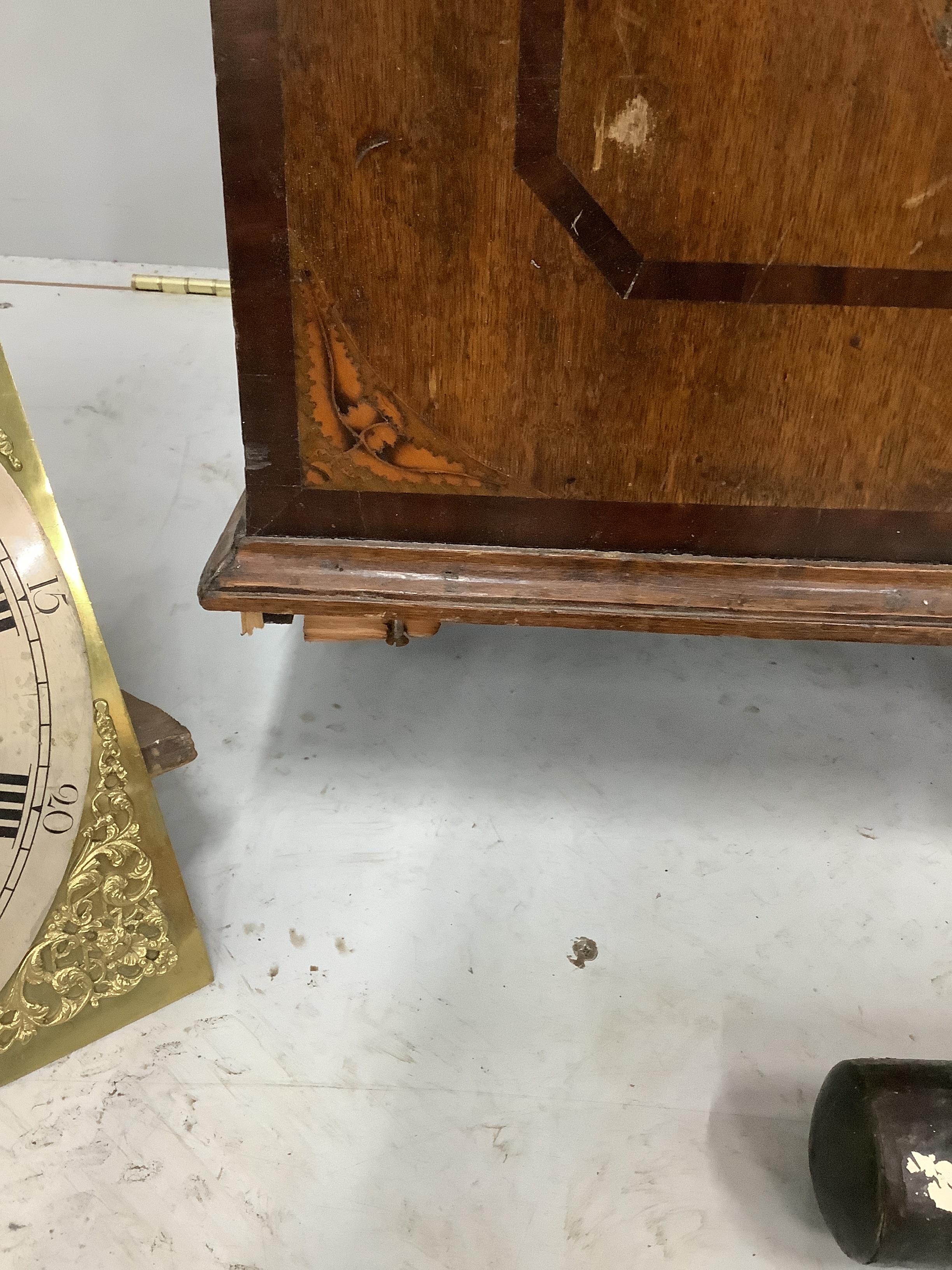An early 19th century inlaid oak eight day longcase clock, marked Edward Heys, Brindle, in need of restoration, missing a weight and pendulum, height 232cm